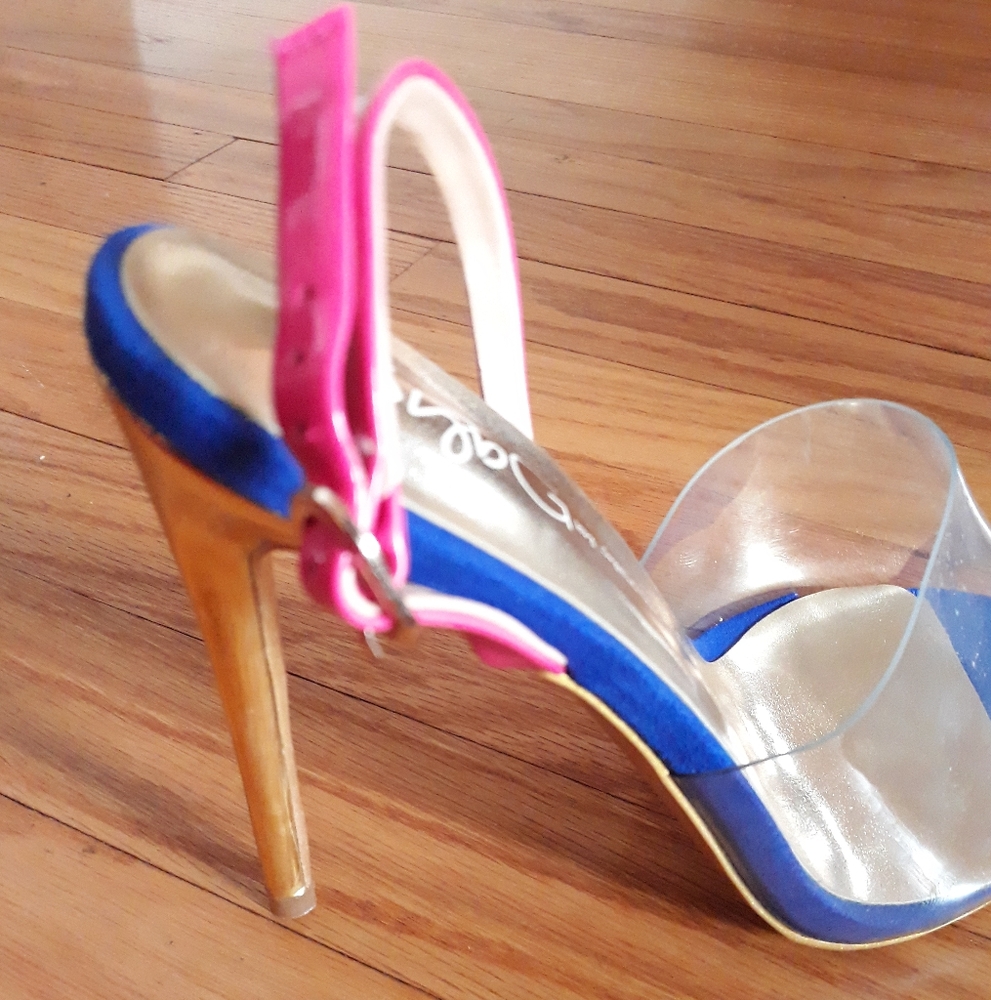 NEW Blue and Pink Women's Open Pointed Toe Heels Size 39 Blue, Pink, Gold Multi - Picture 6 of 6